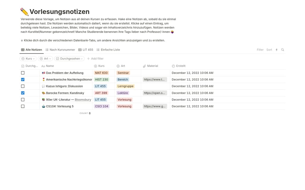 Notion-Vorlage Klassennotizen mit einer Tabelle datierter Notizen, organisiert nach Kurs und Tags.