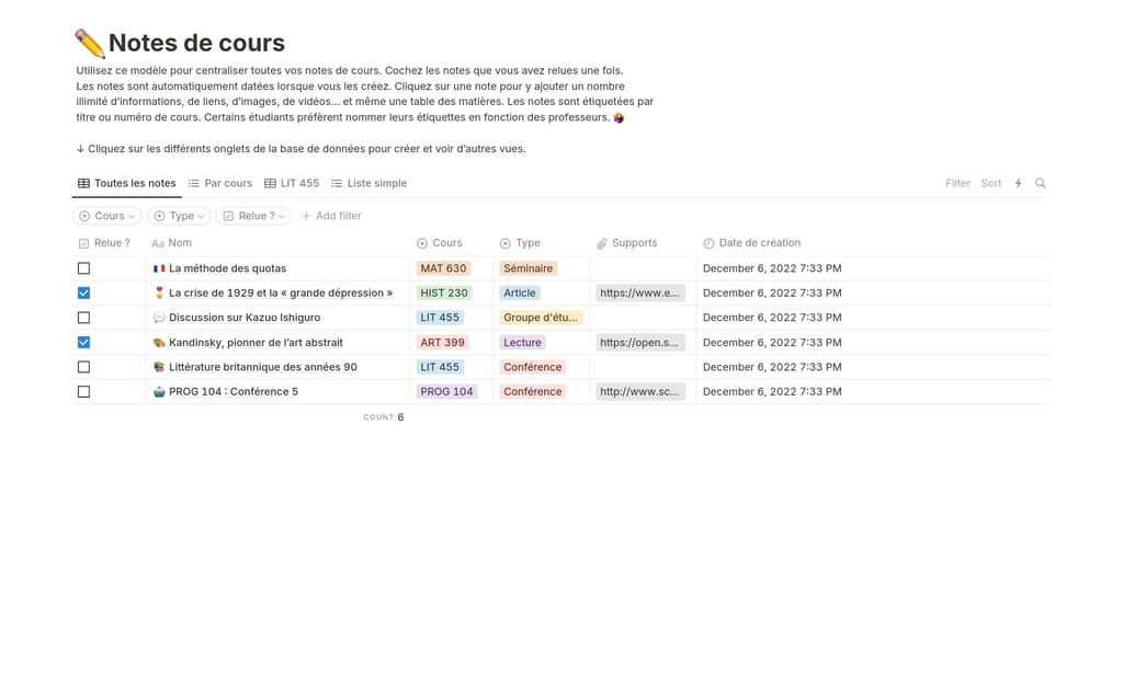 Modèle Notion Notes de cours affichant un tableau de notes datées, organisées par cours et par étiquettes.