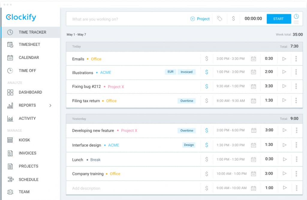 Captura de tela do Clockify