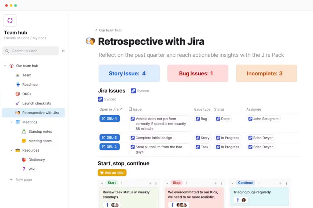 Coda와 Jira 스크린샷