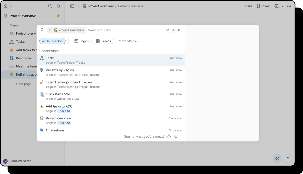 Coda workspace showing the refreshed 2025 interface with tables, sidebar, and document editing