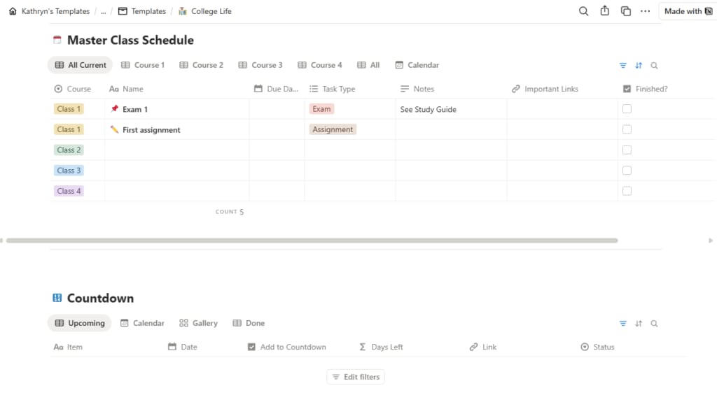 Kathryn Gainor が作成した College Life Notion テンプレートのスクリーンショット。科目、締め切り、タスクの種類、メモを管理できる 