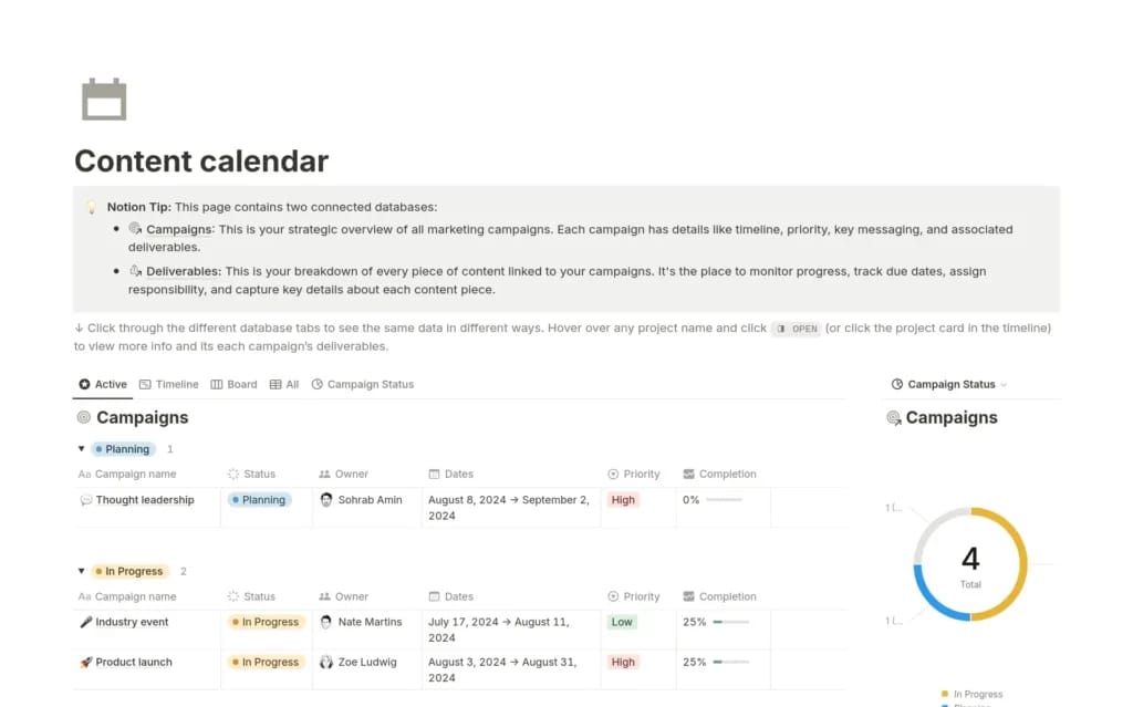 Content calendar template screenshot