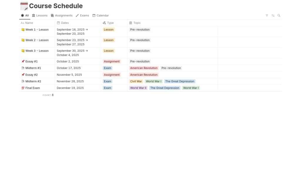Course Schedule 노션 템플릿: 요일·시간·수업으로 구성된 주간 시간표 보기