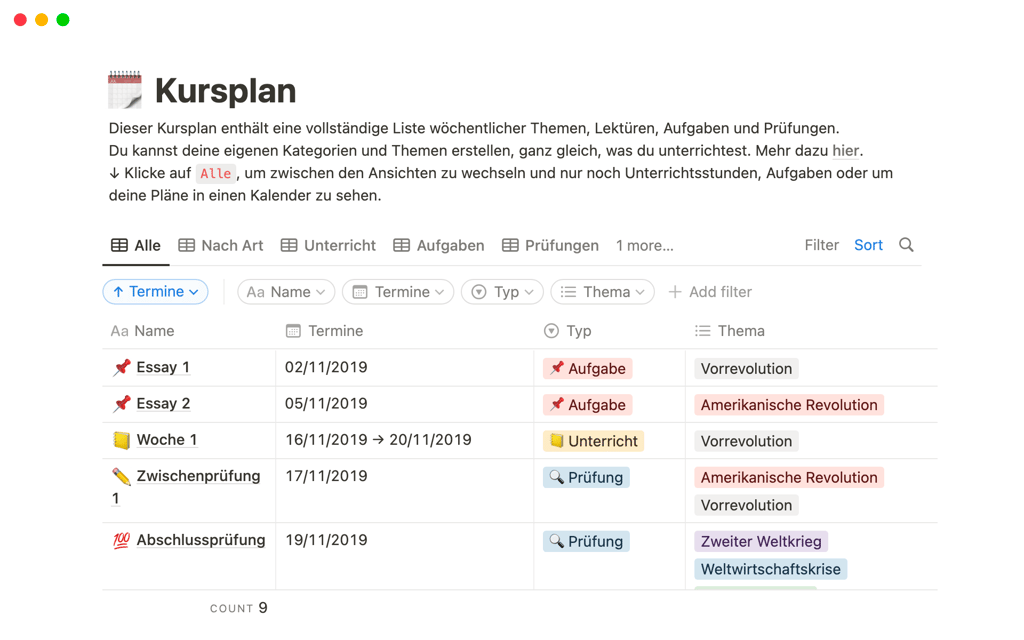 Notion-Vorlage Kursplan mit einem Wochenstundenplan für Kurse mit Spalten für Tag, Zeit und Fach.