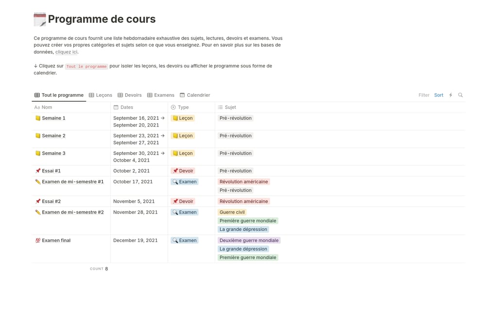 Modèle Notion Programme de cours affichant un emploi du temps hebdomadaire avec colonnes jour, heure et matière.