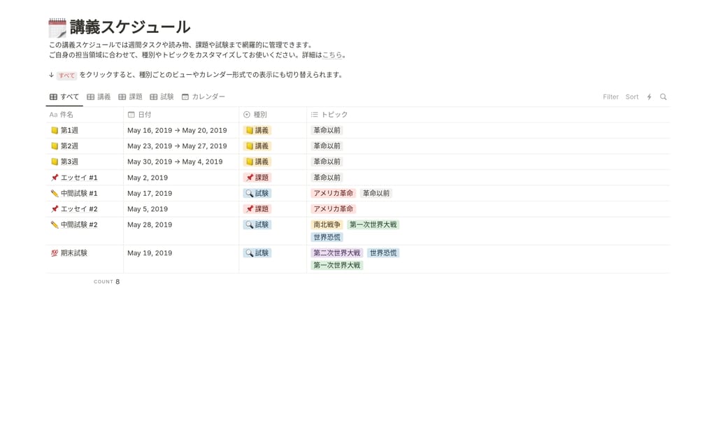 日・時間・授業の3列でシンプルに授業を並べた、Course Schedule Notionテンプレートの週間時間割ビュー。