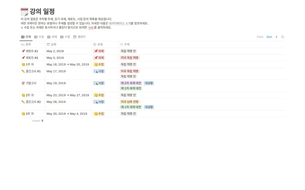 Course Schedule 노션 템플릿: 요일·시간·수업으로 구성된 주간 시간표 보기