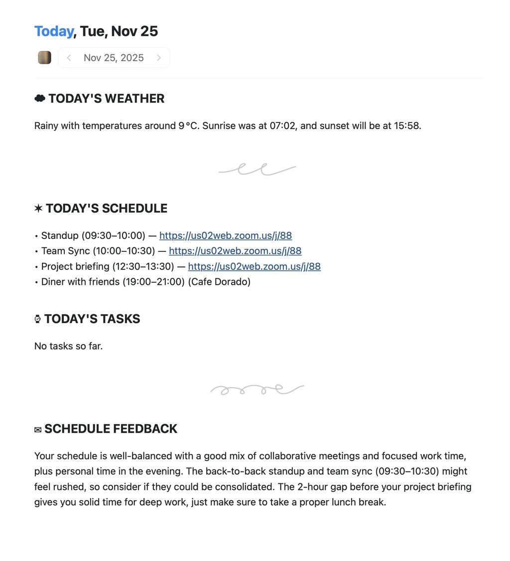 Craft의 데일리 어젠다 화면, 작업·노트·AI 생성 콘텐츠가 깔끔한 에디터 인터페이스에 표시됨