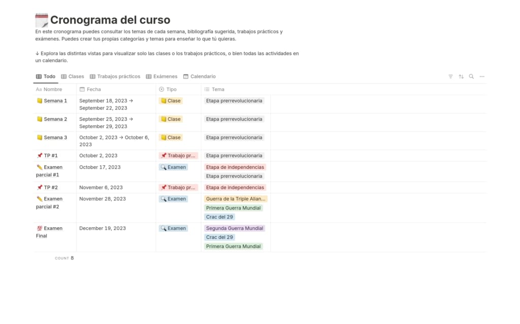 Captura de pantalla de la plantilla Cronograma del curso en Notion