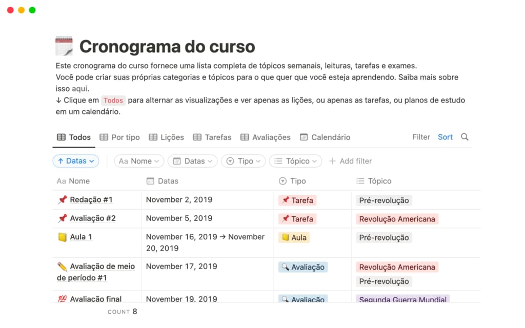 Template Cronograma do curso no Notion mostrando tabela em português com datas, tipo de atividade e tópicos das aulas.