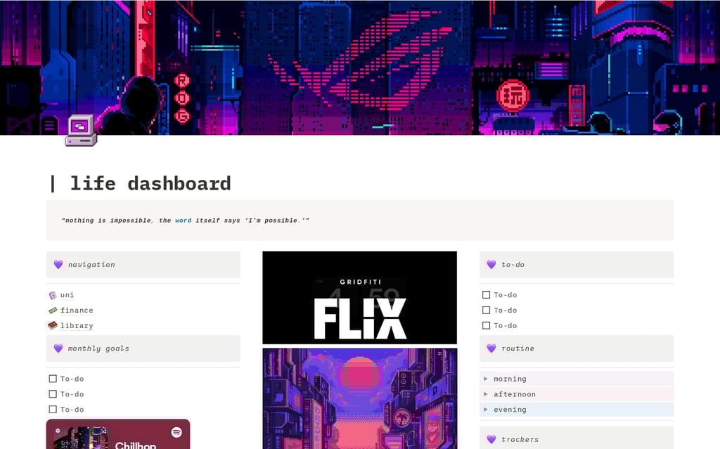Cyberpunk Life Dashboardテンプレート：ダークな背景にネオンカラーのダッシュボード
