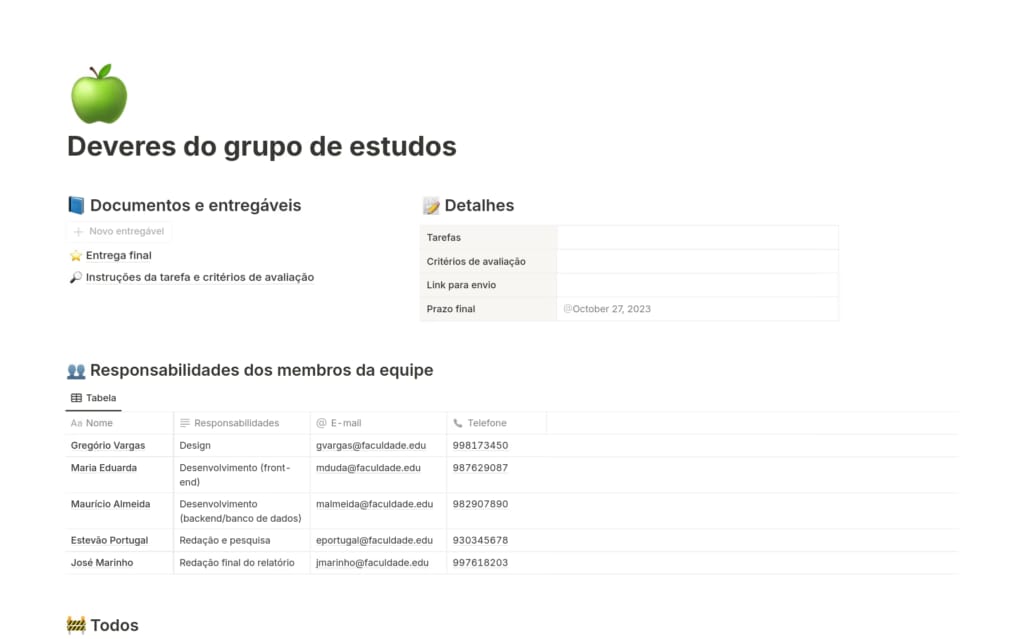 Template Deveres do grupo de estudos no Notion com seções para documentos e entregáveis e tabela de responsabilidades dos membros da equipe.