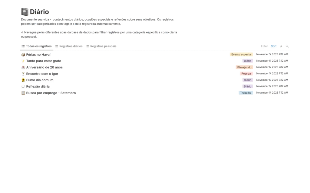 Captura de tela do modelo Diário