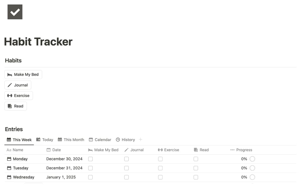Easlo Habit Tracker Notion 템플릿의 미니멀한 인터페이스와 일일 체크박스 및 진행률 시각화 화면