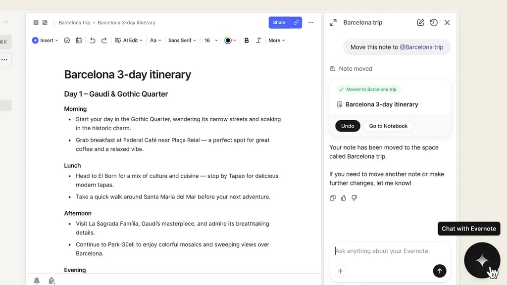 Evernote AI Assistant conversational interface for searching and generating text
