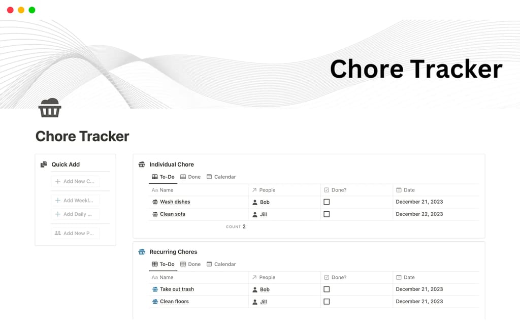 Family Chore Tracker showing a task board with family member columns and chore assignments