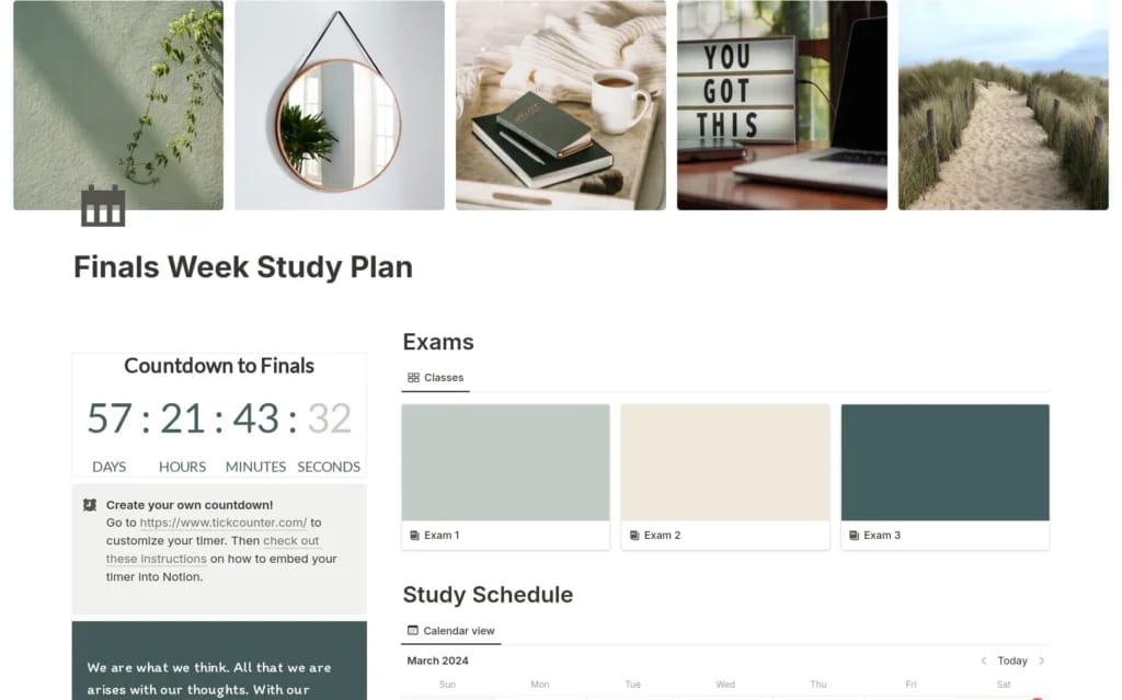 Captura de pantalla de la plantilla Finals Week Study Plan en Notion