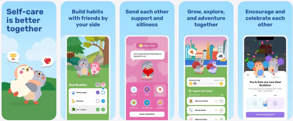 Finch, l'application de bien-être avec animal de compagnie, montrant l'oiseau virtuel, les binômes d'objectifs quotidiens et des activités de bien-être partagées.