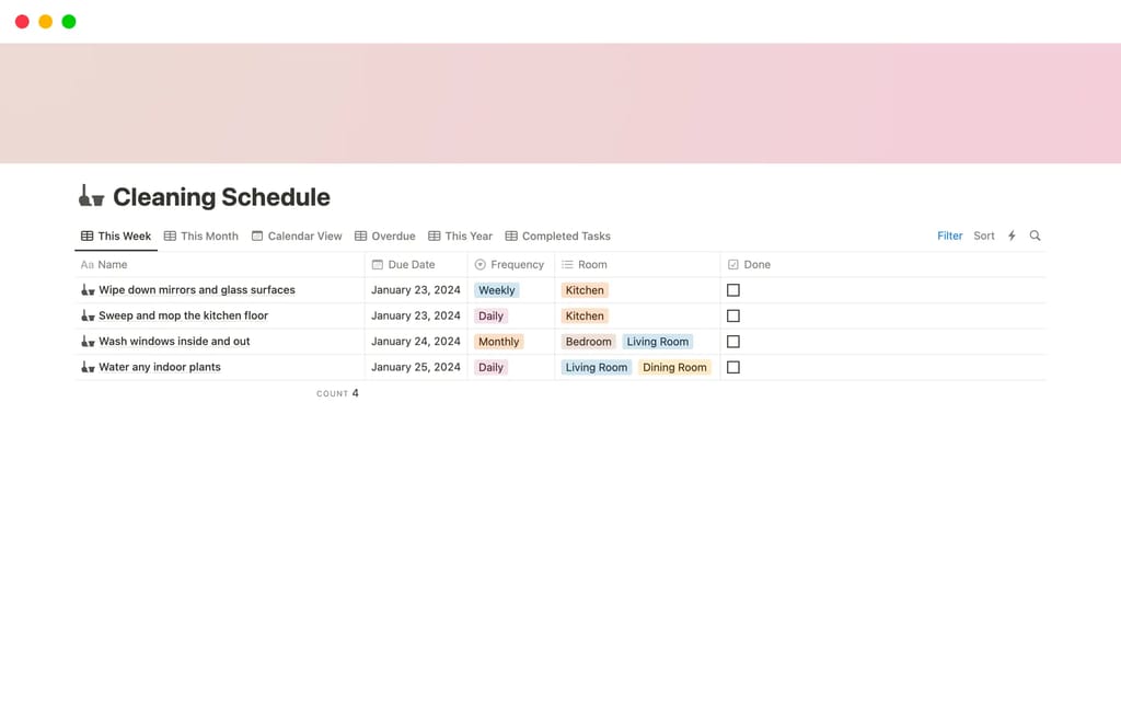 Free Cleaning Schedule template showing daily, weekly, and monthly cleaning tasks in a calendar view
