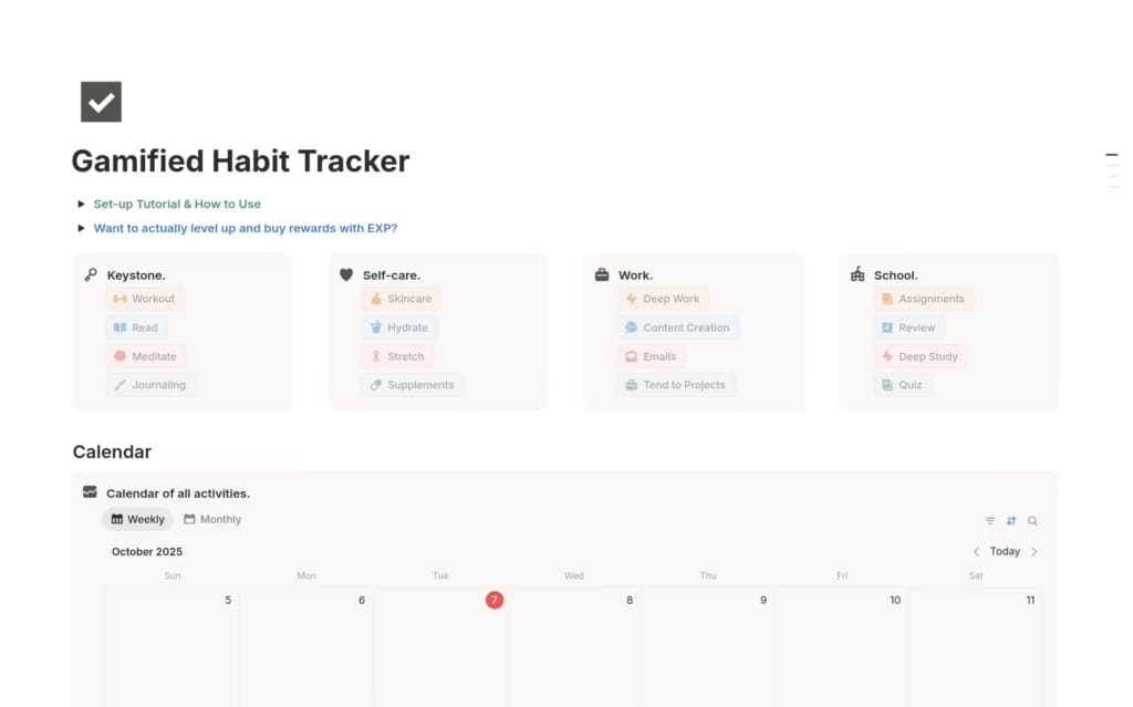 습관 카테고리와 활동 캘린더가 표시된 게임화된 노션 습관 트래커 템플릿 화면