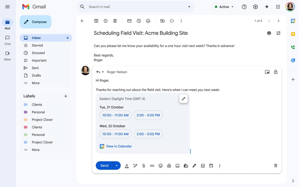 Gmail 작성 창에서 Gemini가 구글 캘린더의 빈 시간을 기반으로 회의 시간을 제안하는 화면.