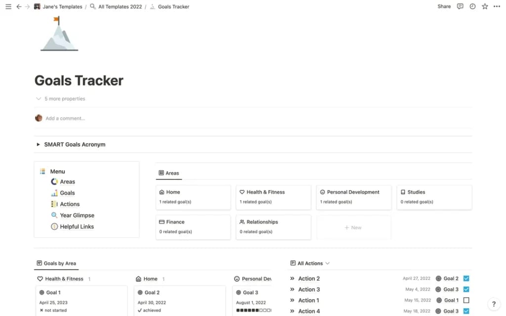 Notion의 Jane Schill 제작 Goals Tracker, 영역·목표·작업 메뉴와 영역별 카드 그룹, 상태 표시가 보임.