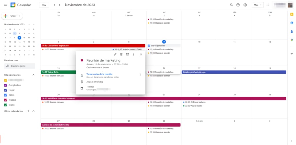 Captura de pantalla de Google Calendar