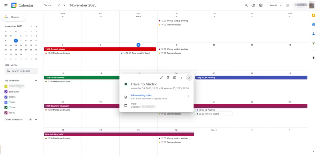 Google 캘린더 스크린샷