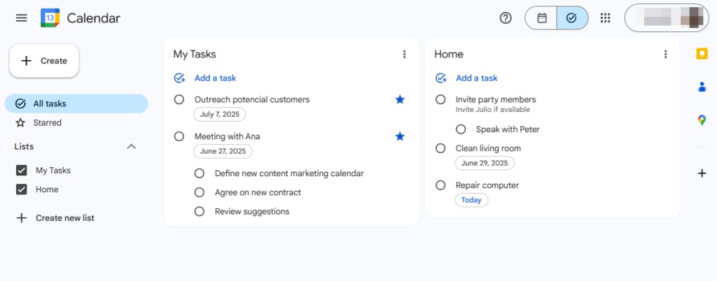 별표가 표시된 일부 작업과 두 개의 목록에 하위 작업이 포함된 Google Tasks 데스크톱 스크린샷