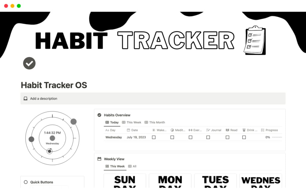습관, 진행 상황, 리포트를 한눈에 볼 수 있는 대시보드 구조의 노션 Habit Tracker OS 템플릿 화면