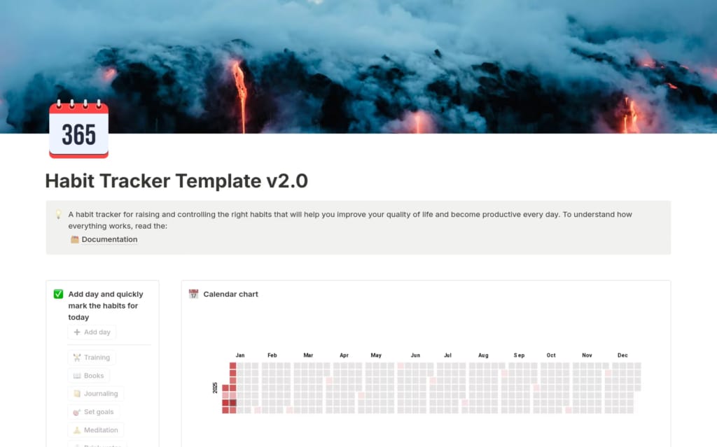 ‘하루 추가(Add day)’ 패널과 연간 히트맵 스타일 캘린더 차트로 습관의 꾸준함을 보여주는 노션 Habit Tracker v2.0 템플릿 화면