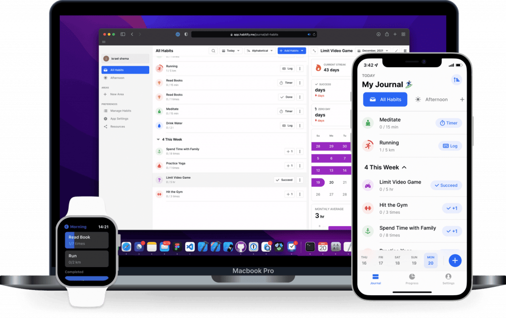 여러 기기에서 Habitify를 보여주는 화면으로, 습관 목록과 스트릭 캘린더, 분석 대시보드가 표시되어 있습니다.