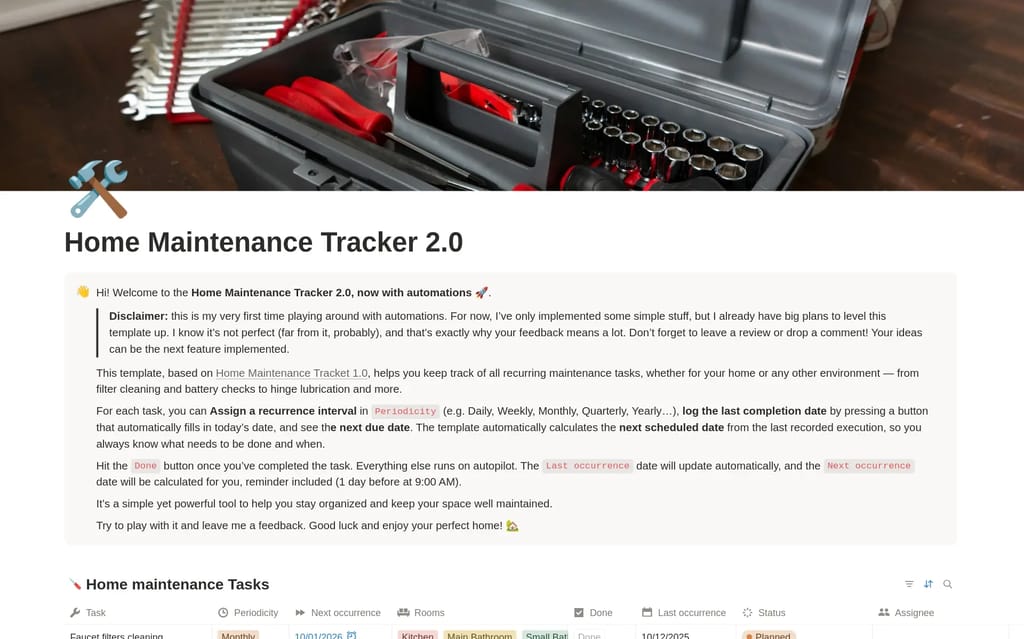 Home Maintenance Tracker 2.0 showing recurring maintenance tasks with periodicity intervals and next due dates