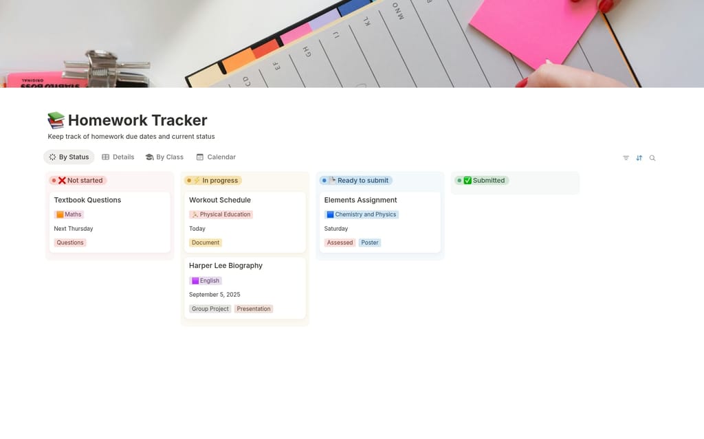 Modèle Homework Tracker avec filtrage par statut et vue calendrier par JamexCEO