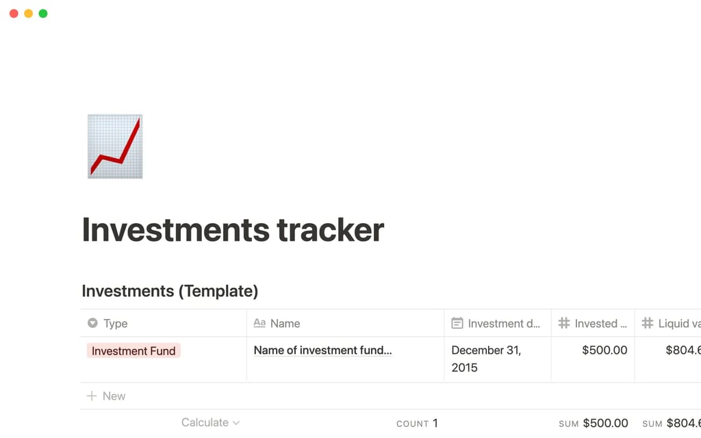 Investments Tracker template with returns, growth, and investment types