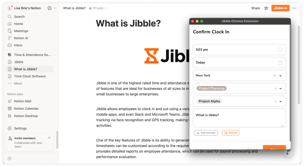 Jibble Chrome extension