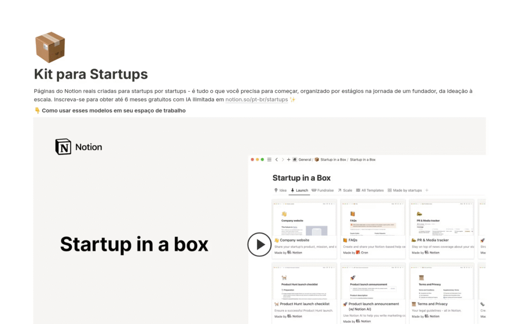 Captura de tela do modelo Kit para startups