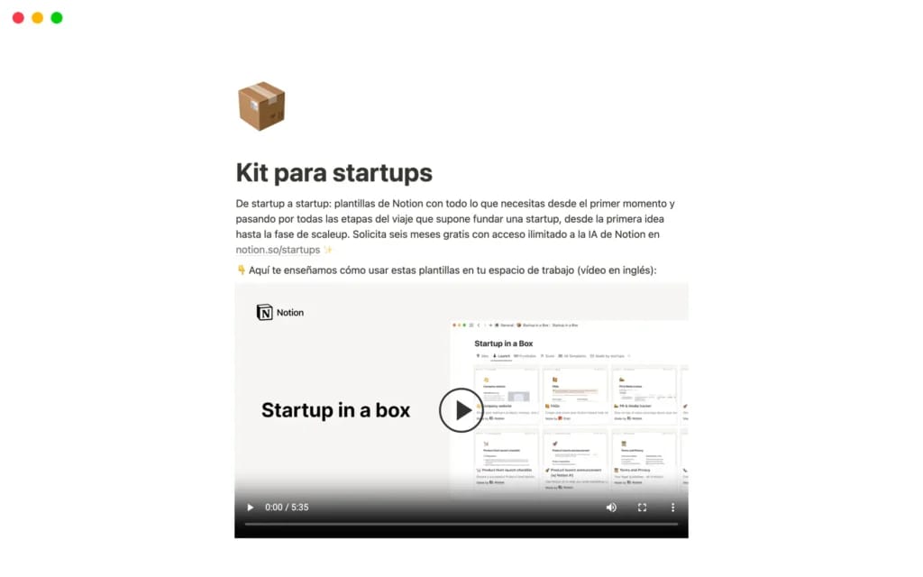 Captura de pantalla de la plantilla Kit para startups