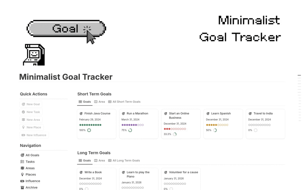 Notion용 Minimalist Goal Tracker, 단기와 장기 목표 카드, 진행 점 표시, 빠른 작업 사이드바가 있는 깔끔한 대시보드.