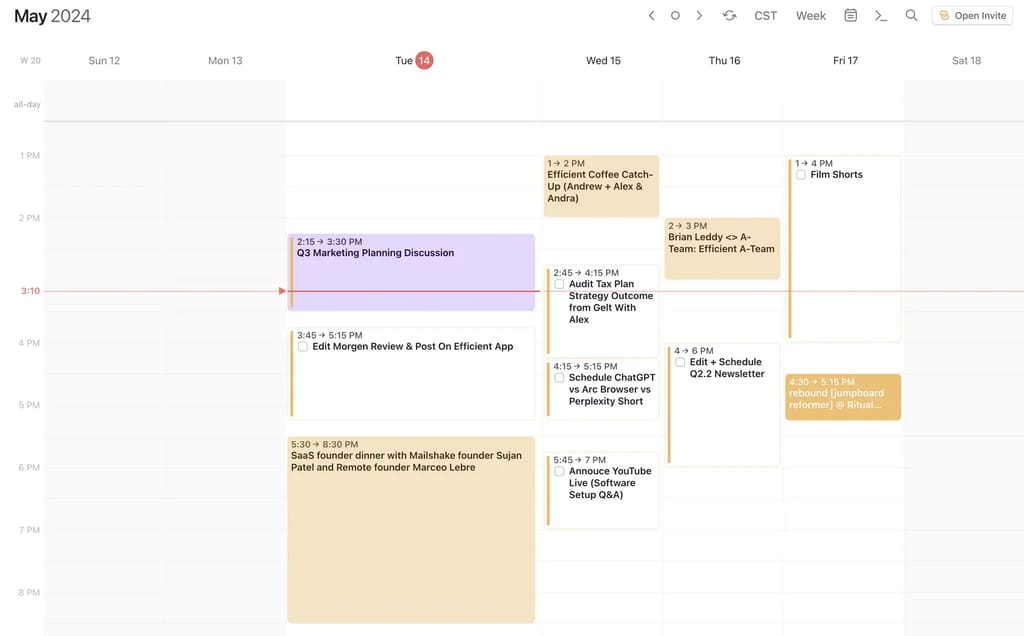Application Morgen affichant une vue hebdomadaire unifiée avec des événements colorés issus de plusieurs comptes et des tâches en time blocking.