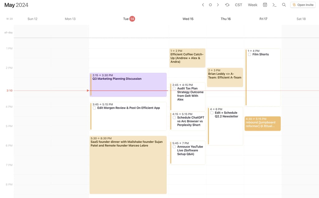 Morgen 캘린더 앱 - 여러 계정의 색상으로 구분된 이벤트와 시간 블록 작업이 있는 통합 주간 뷰