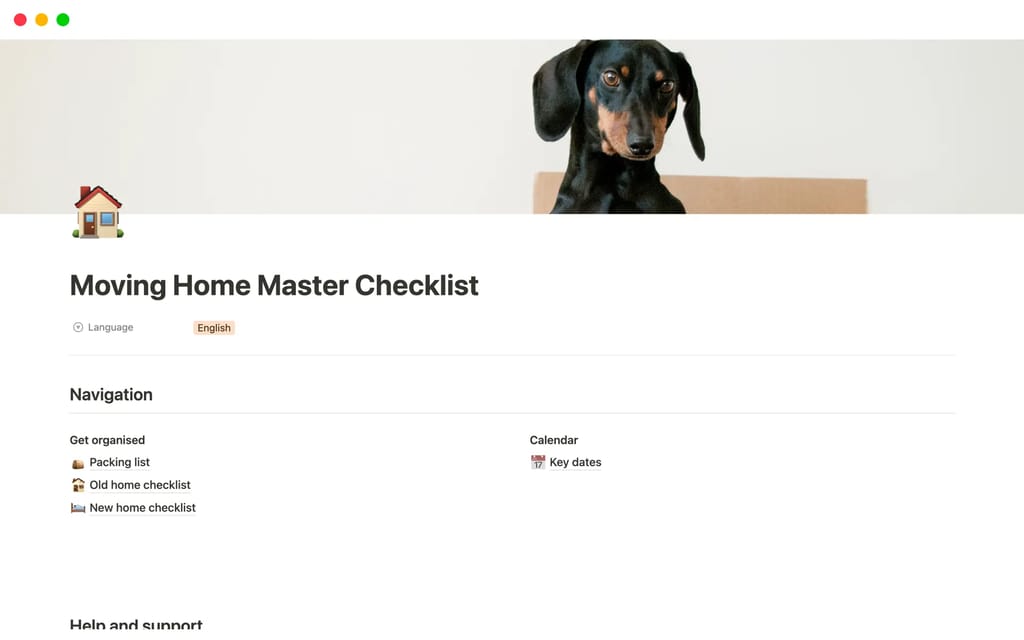 Moving Home Master Checklist showing sections for packing, old home, and new home tasks with completion tracking
