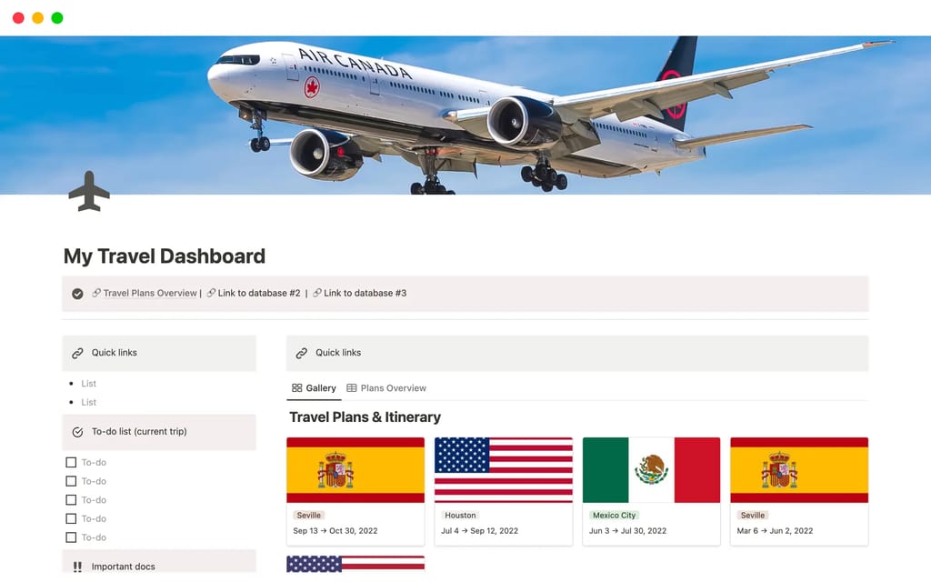 My Travel Dashboard showing a yearly travel overview with quick links and travel document sections
