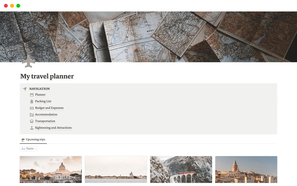 My Travel Planner template showing a comprehensive planning dashboard with budget tracker, itinerary, and packing list