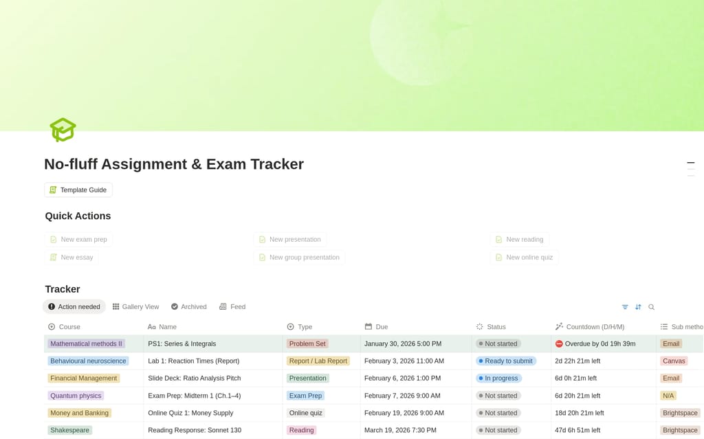 Modèle No-fluff Assignment and Exam Tracker avec comptes à rebours en temps réel