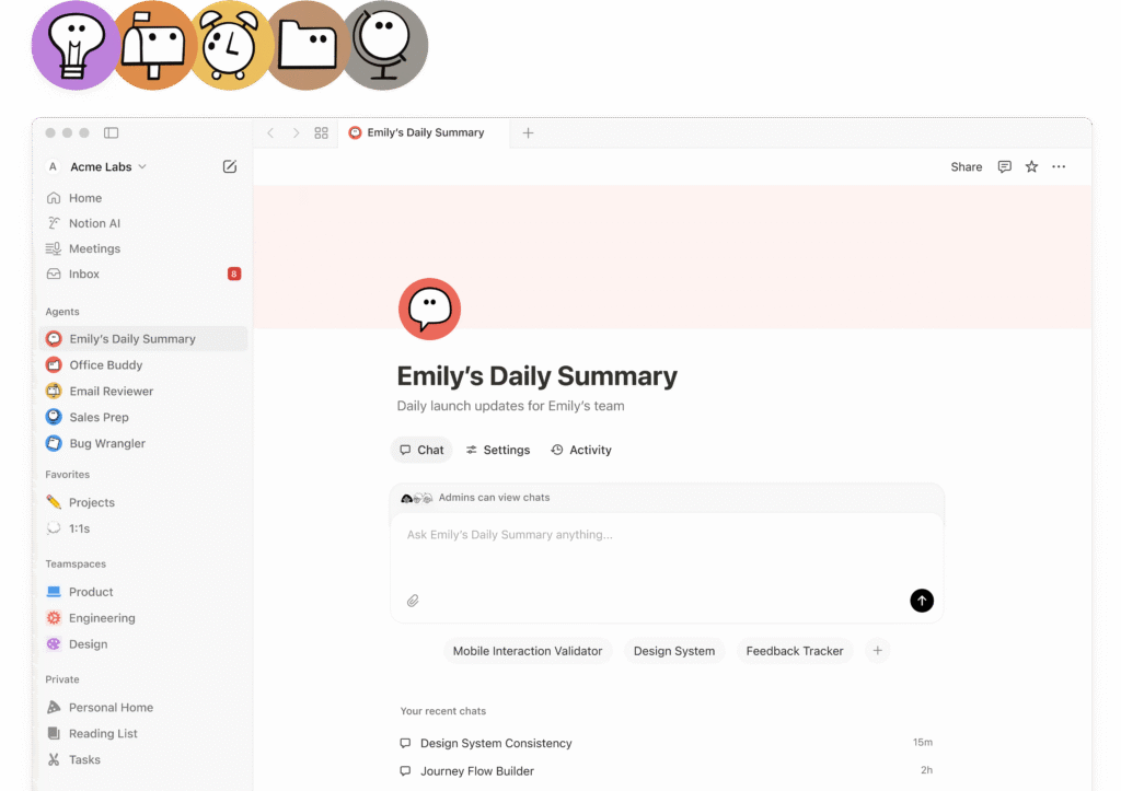Notion 커스텀 에이전트 패널, AI 에이전트와 채팅 인터페이스 및 최근 대화 표시