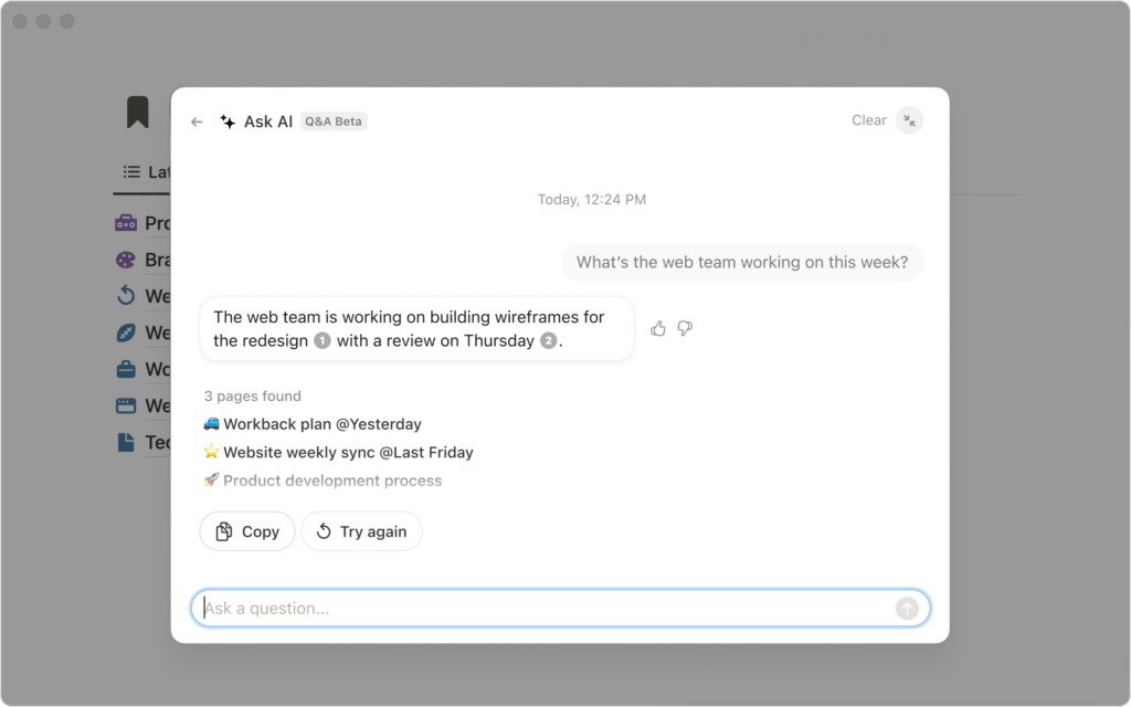 Notion AI 채팅 창에 웹 팀이 리디자인을 위해 와이어프레임을 작성하고 목요일에 리뷰 일정을 잡았다는 답변과 관련 노트가 연결된 모습이 표시됨.