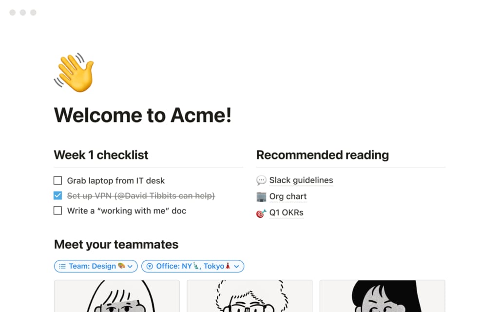 Notion company home page with sections for teams, policies and documentation