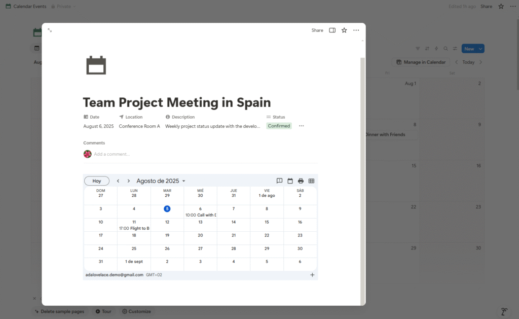 Notion 이벤트 "Team Project Meeting in Spain" 페이지에 Google 캘린더가 임베드되어 8월 월간 보기를 표시.